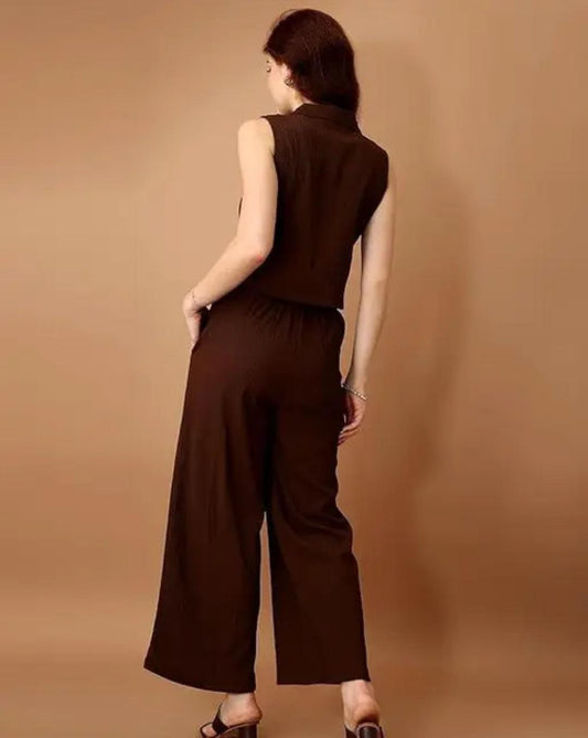 Trendy Brown Sleeveless Co-Ord Set | Stylish Button-Up Top & Wide-Leg Pants