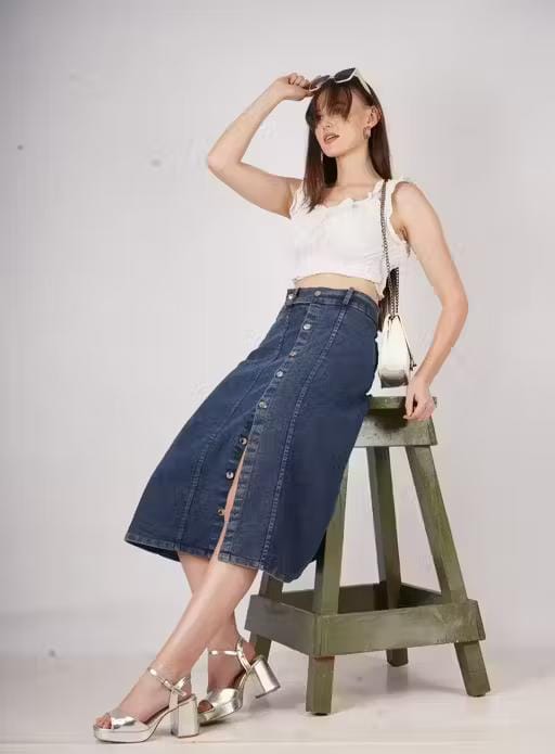 Stretch High Waisted Two Button Skirt For Women & Girls