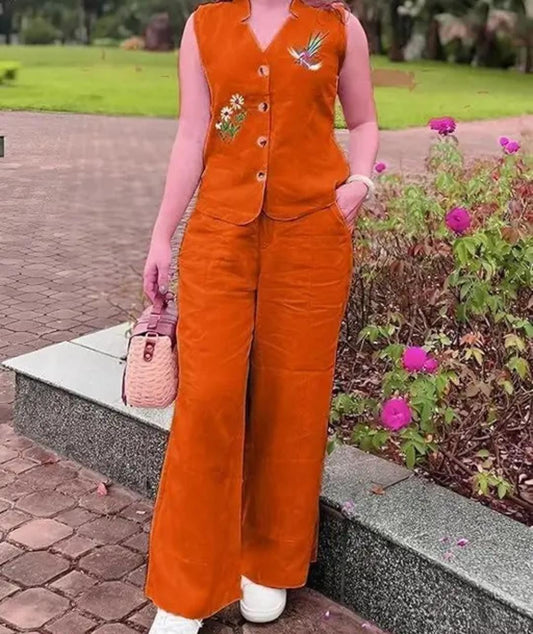 Womens Cotton Sleeve less top with pocket trouser, top set, top with bottom, embroidery top set
