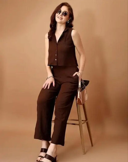 Trendy Brown Sleeveless Co-Ord Set | Stylish Button-Up Top & Wide-Leg Pants