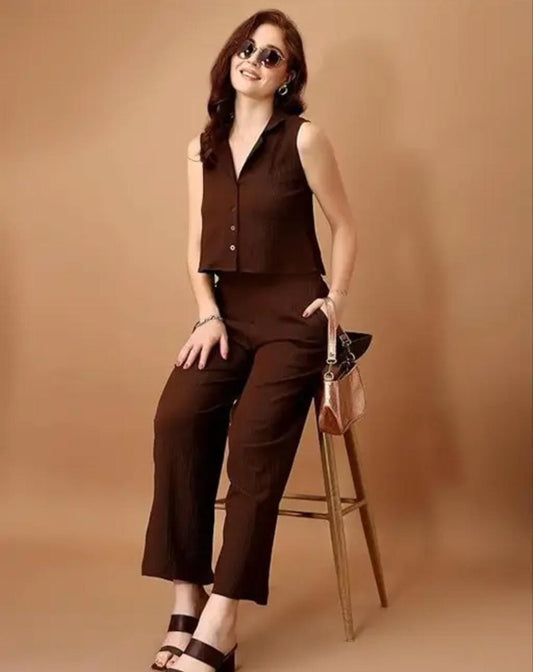 Trendy Brown Sleeveless Co-Ord Set | Stylish Button-Up Top & Wide-Leg Pants