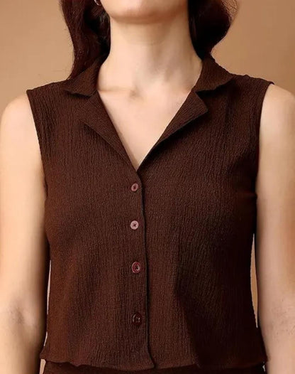 Trendy Brown Sleeveless Co-Ord Set | Stylish Button-Up Top & Wide-Leg Pants