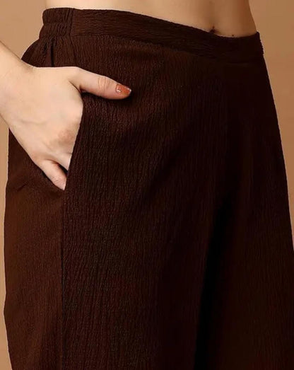 Trendy Brown Sleeveless Co-Ord Set | Stylish Button-Up Top & Wide-Leg Pants