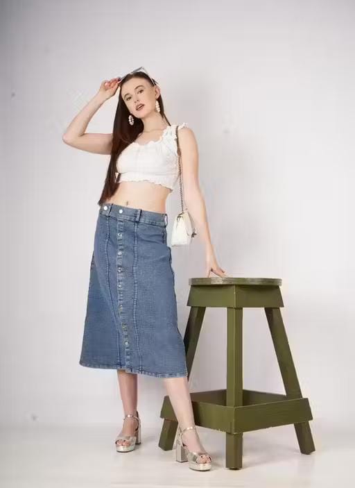 Stretch High Waisted Two Button Skirt For Women & Girls